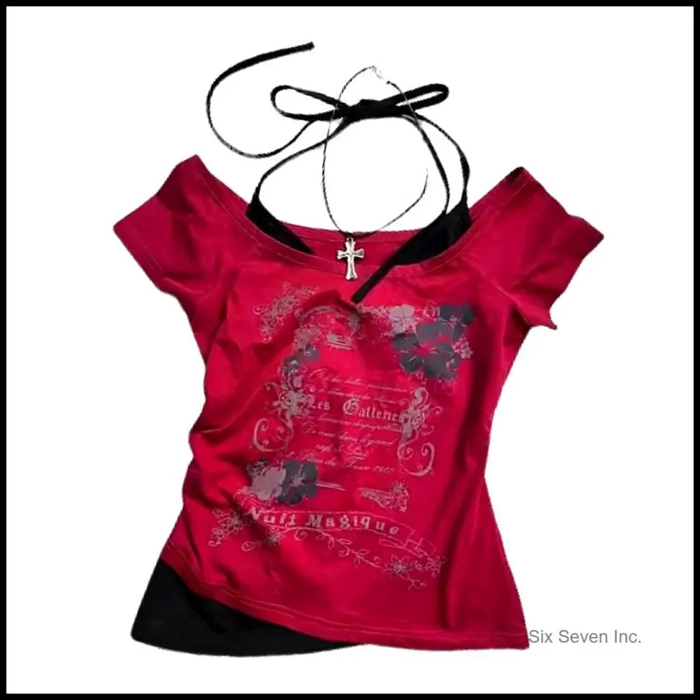 Y2K Grunge Crop Top Vintage Emo Style Short Sleeve Tee Two Piece Set